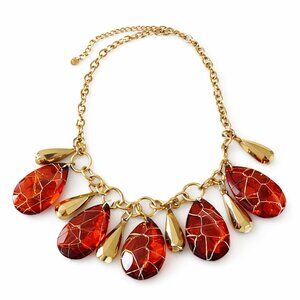 Gold Bib Women's Necklace Faux Amber Acrylic Teardrop Stones in a Wire Wrapped